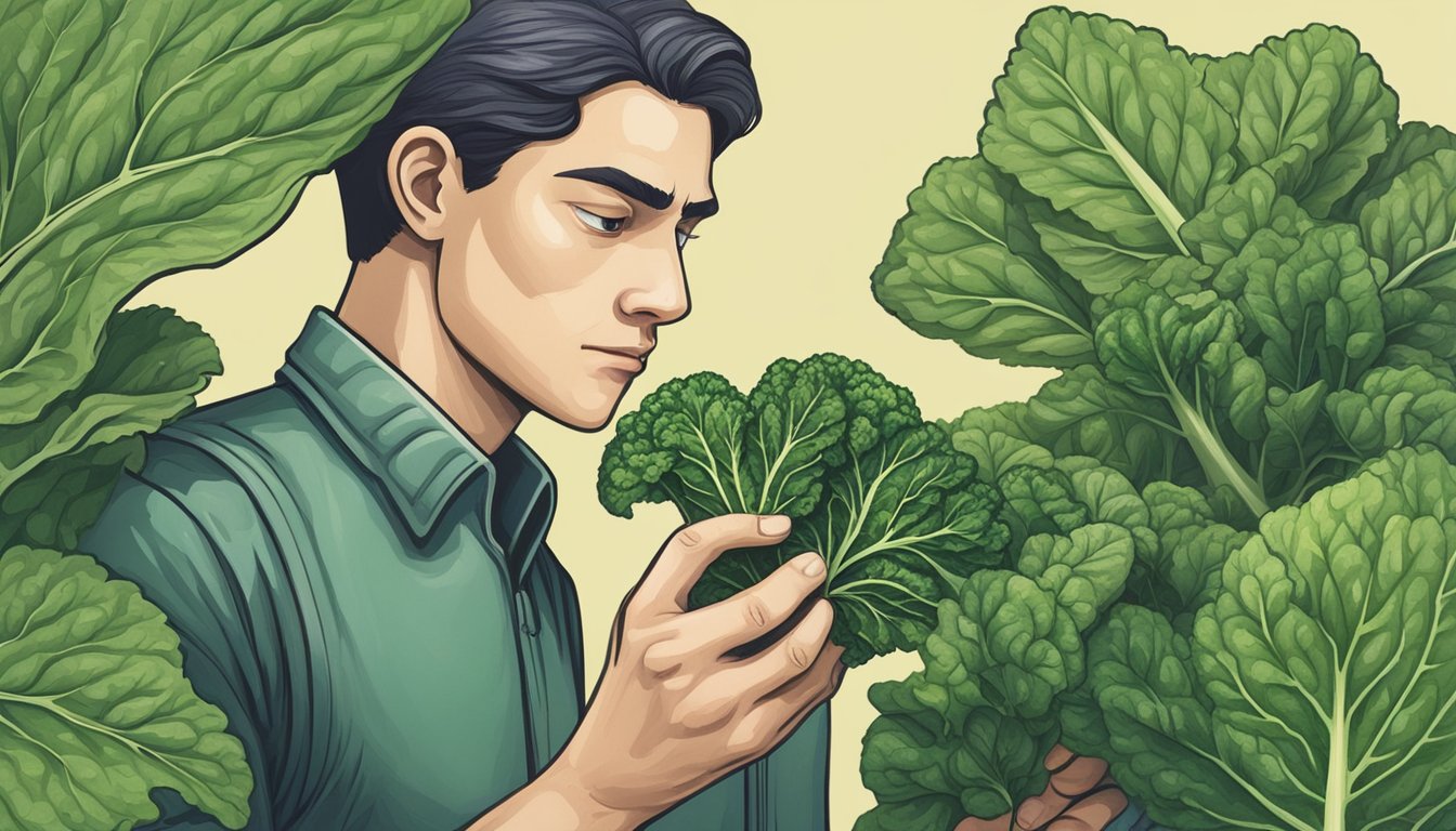 A person examining a bunch of unripe tatsoi leaves with a cautious expression, while holding a magnifying glass to inspect the texture and color of the leaves