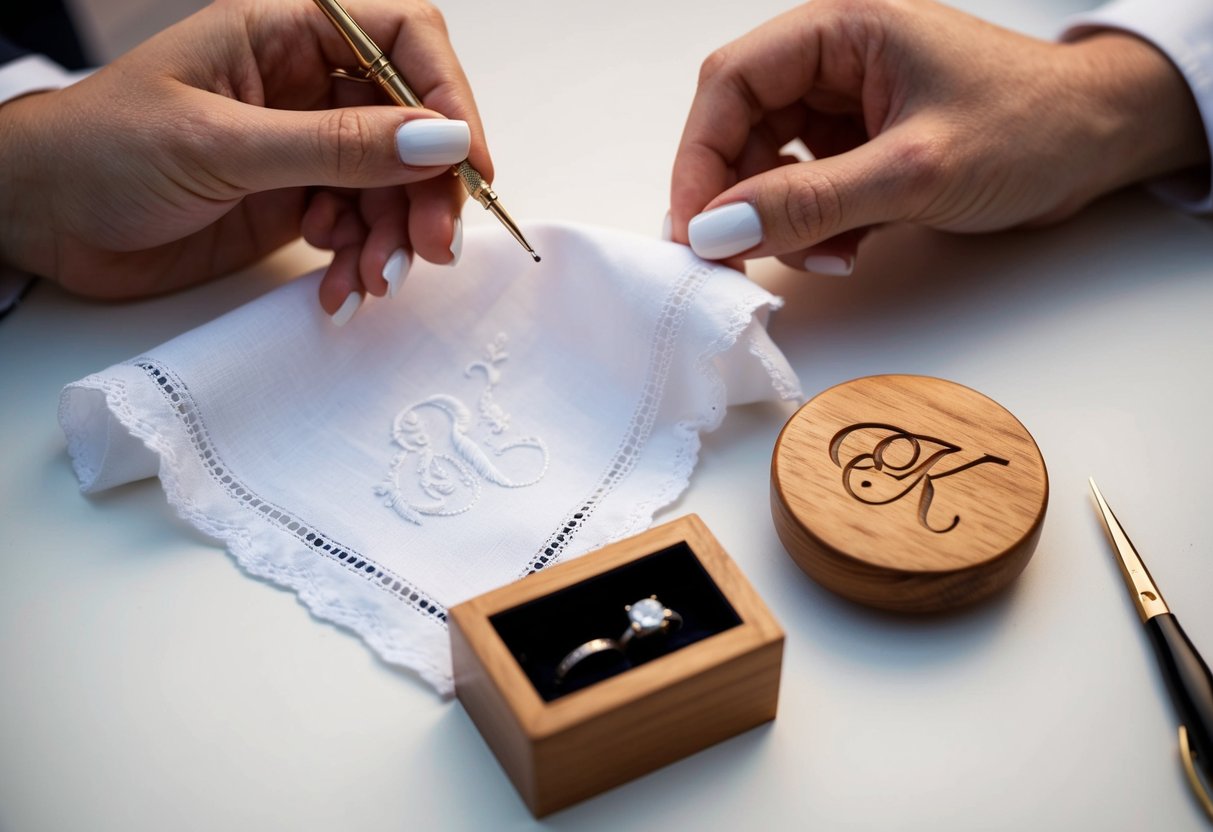 The bride's initials are being delicately embroidered onto a white handkerchief, while the groom's initials are being carved into a wooden ring box