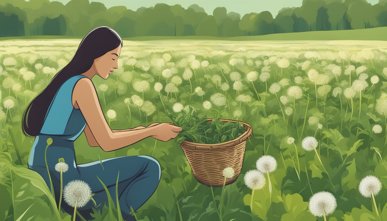 A person picking dandelion greens from a field, examining them for ripeness, and placing them into a basket