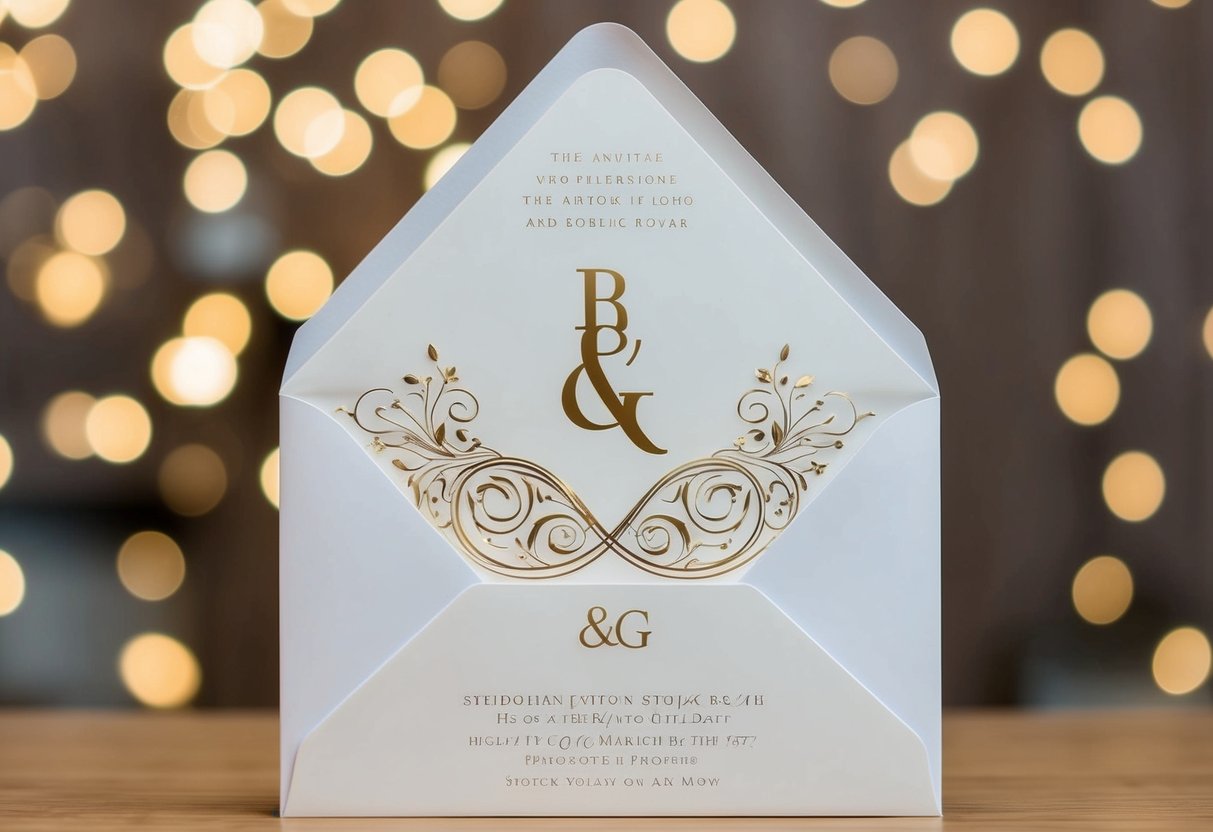 A wedding invitation with the initials "B & G" intertwined in an elegant and decorative design