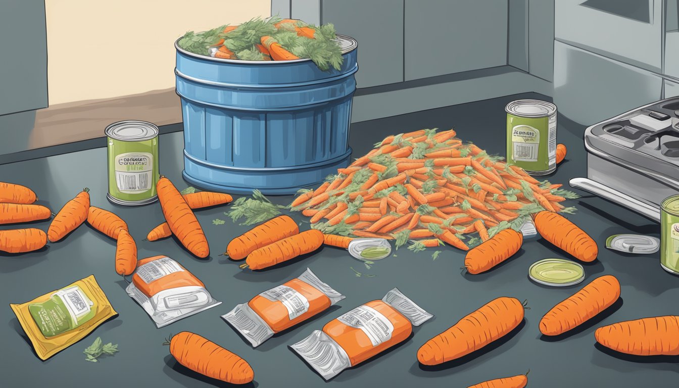 A kitchen counter with a pile of expired canned carrots, some bulging and dented, surrounded by warning labels and a trash can nearby