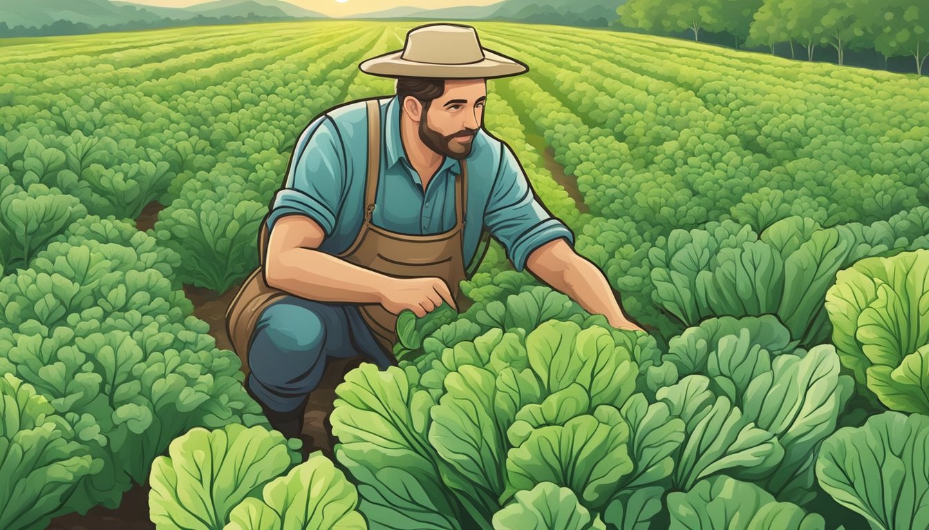 A farmer picking ripe tatsoi from the garden, with fresh, vibrant green leaves ready for harvest