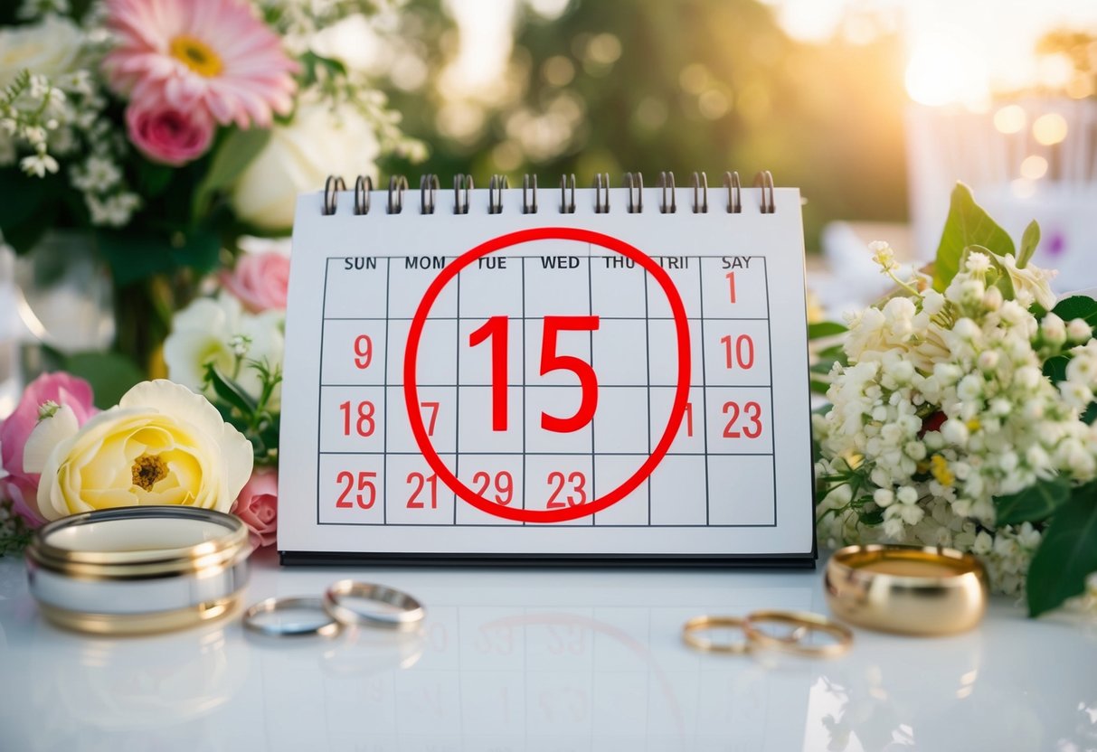 A calendar with the date 15 months in the future circled in red, surrounded by wedding-related items like flowers, rings, and a venue