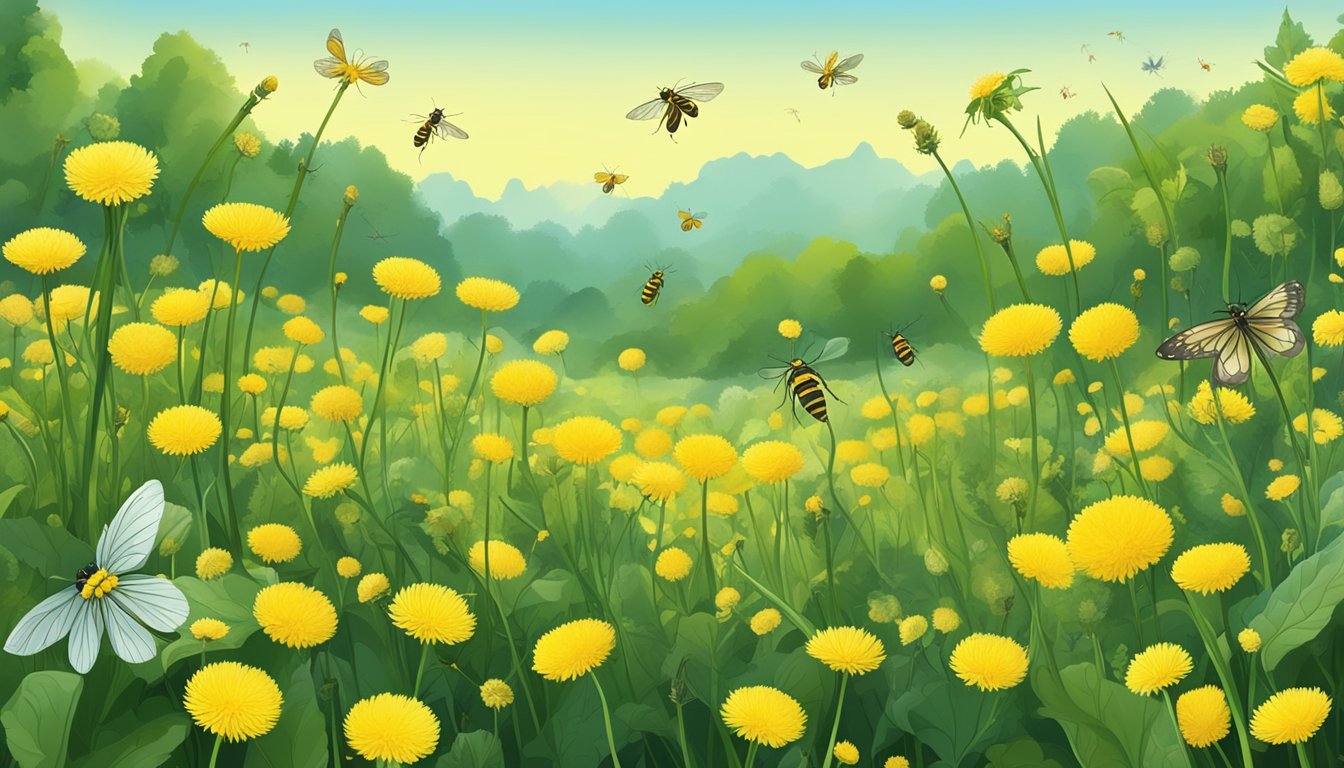 A field of dandelions in various stages of growth, with unripe green leaves and yellow flowers, surrounded by diverse plant life and insects