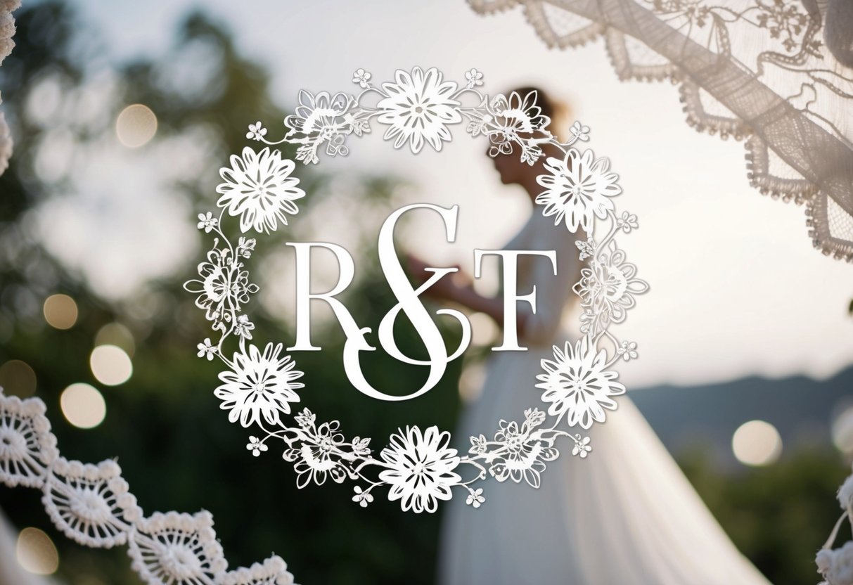 A bride and groom's initials intertwined in a decorative monogram, surrounded by elegant floral and lace motifs