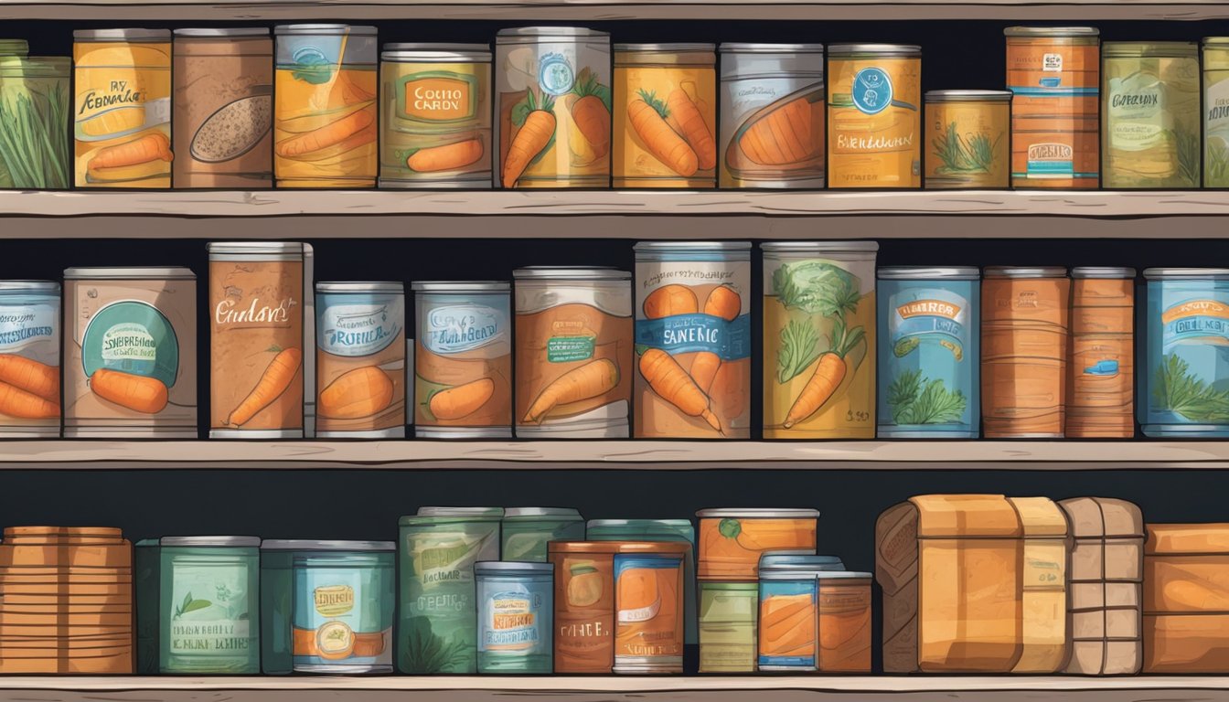 A pantry shelf with expired canned carrots, some bulging and rusted, others intact and properly stored