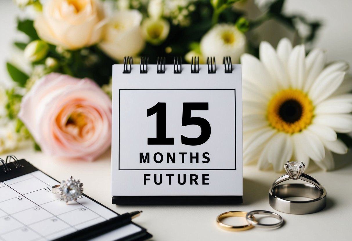 A calendar with the date 15 months in the future circled, surrounded by wedding-related items like flowers, rings, and a venue