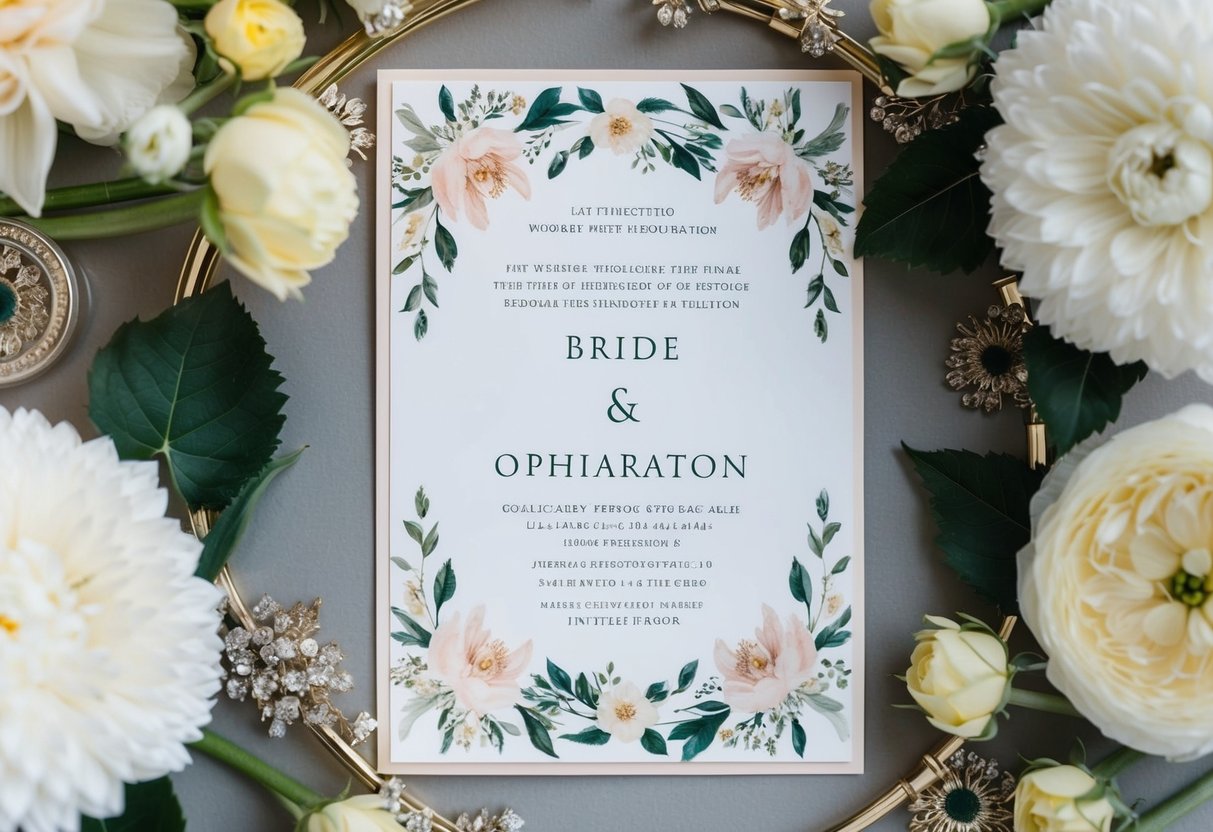 A wedding invitation with the bride's initials listed first, surrounded by elegant floral designs and intricate details