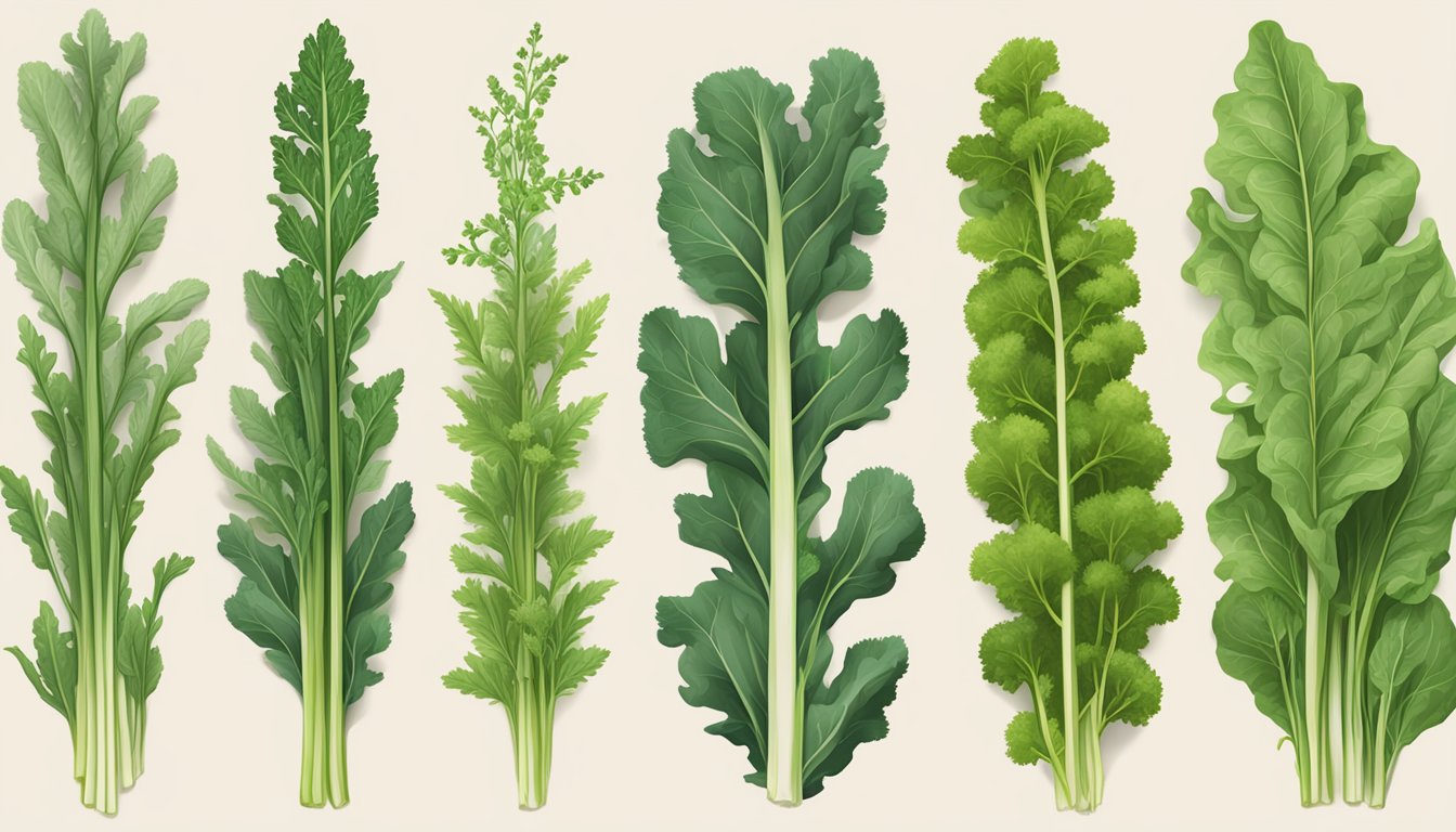 A table with various leafy greens arranged in rows, including unripe dandelion greens. Each type is labeled for comparison