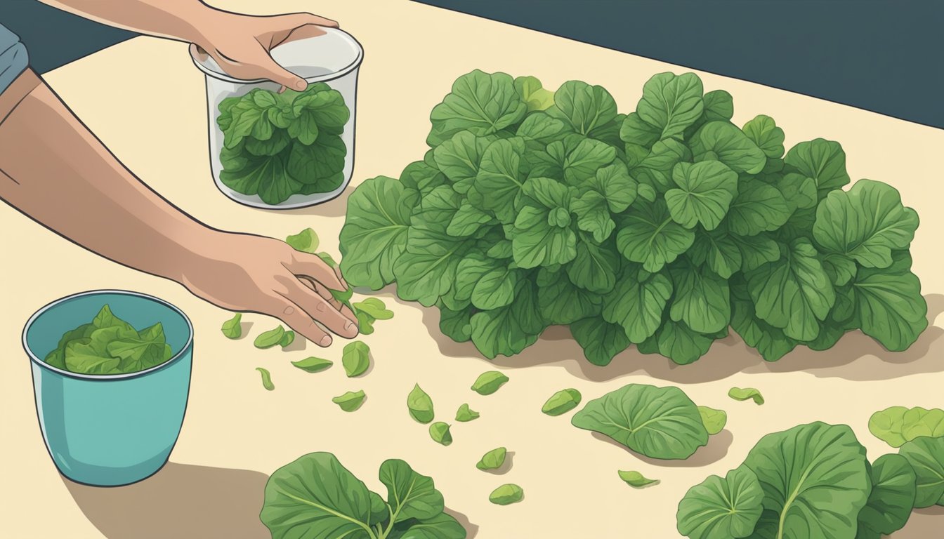 A table with two piles of tatsoi leaves, one ripe and one unripe. A person hesitates while reaching for the unripe leaves