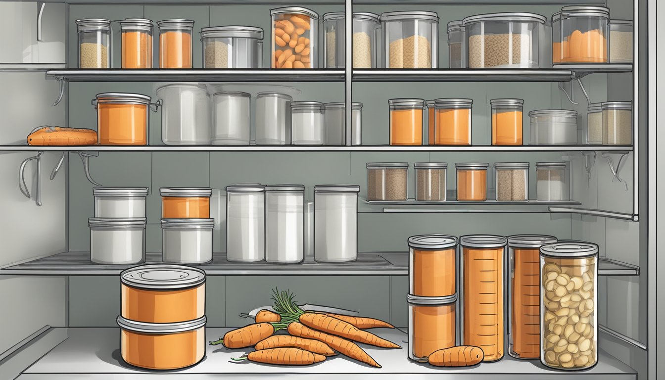 A kitchen pantry with opened canned carrots, expiration date visible, surrounded by a quality control checklist and safety guidelines