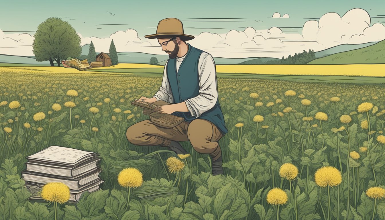 A person harvesting dandelion greens from a field, with a traditional apothecary set and modern herbal medicine books nearby