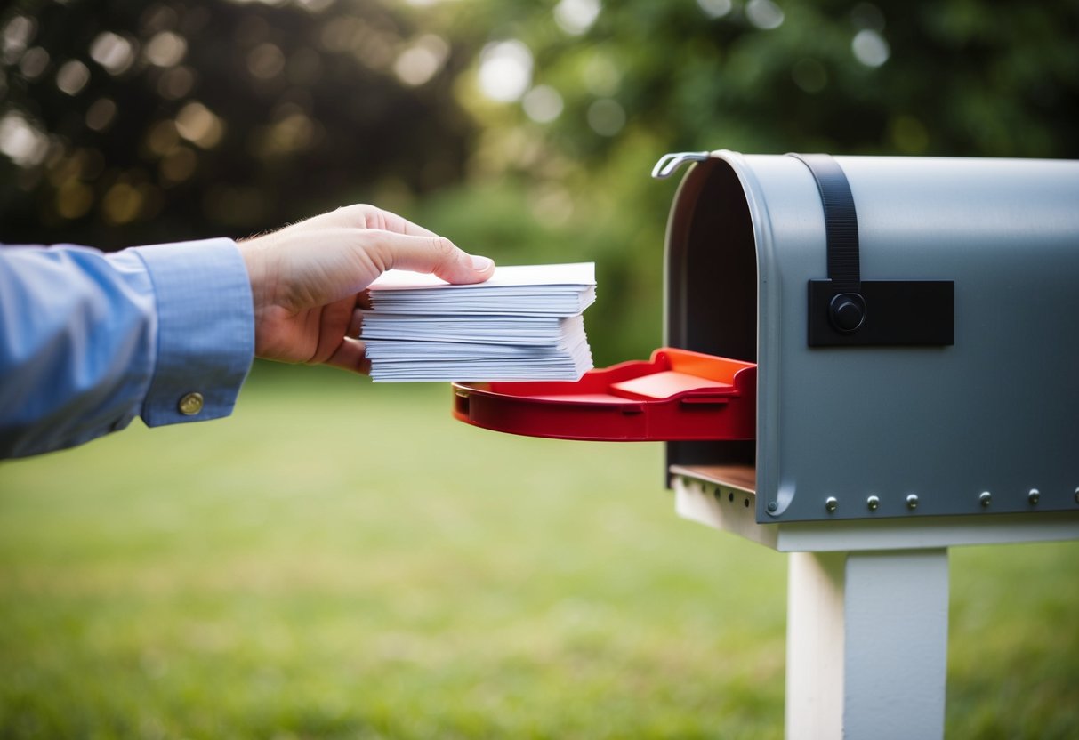 A hand placing a stack of save the date cards into a mailbox