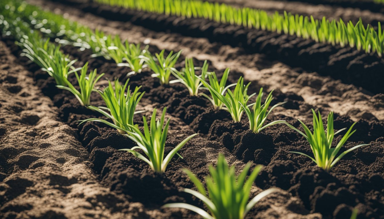 Young onion plants in neat rows, bases swelling, under sun in mulched garden bed, with nearby trowel