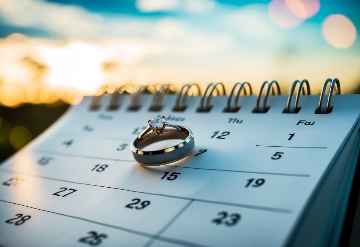 A calendar with a highlighted date and a wedding ring