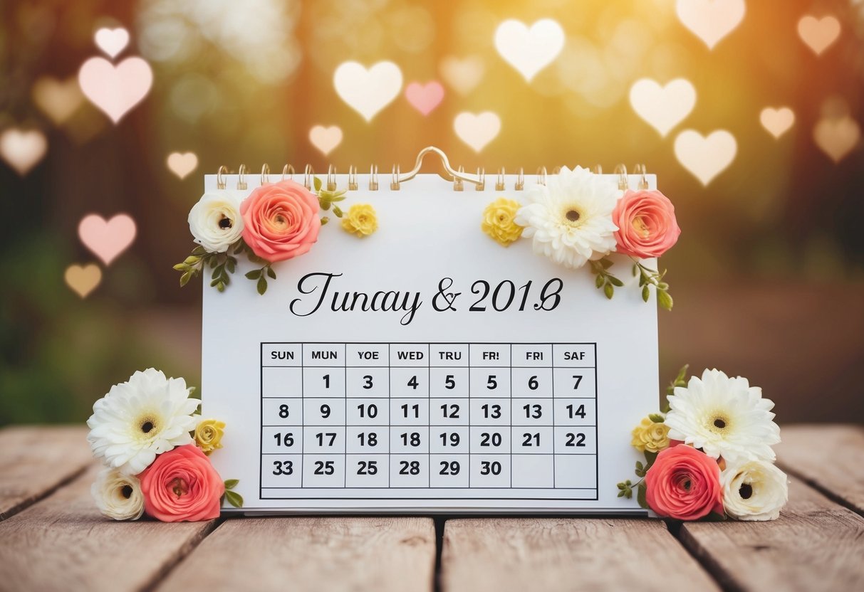 A calendar with the date of the wedding circled and surrounded by flowers and hearts
