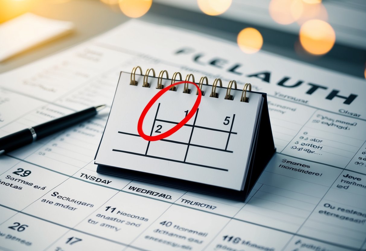 A calendar with a highlighted date circled in red, surrounded by various event reminders and notes