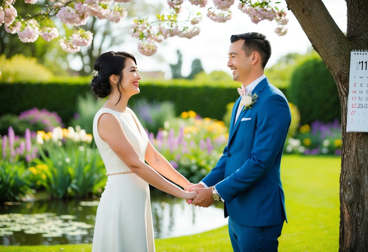 A couple stands in a garden, surrounded by blooming flowers and a serene pond, as they hold hands and smile at each other. A calendar with the date 11 months prior to their wedding hangs on a nearby tree