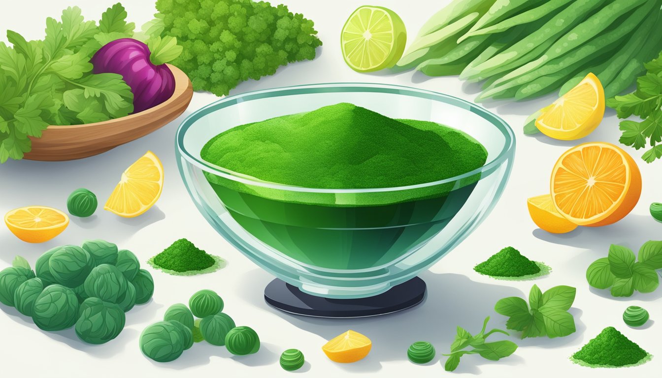 A clear glass bowl filled with vibrant green chlorella powder, surrounded by fresh green vegetables and a variety of colorful fruits