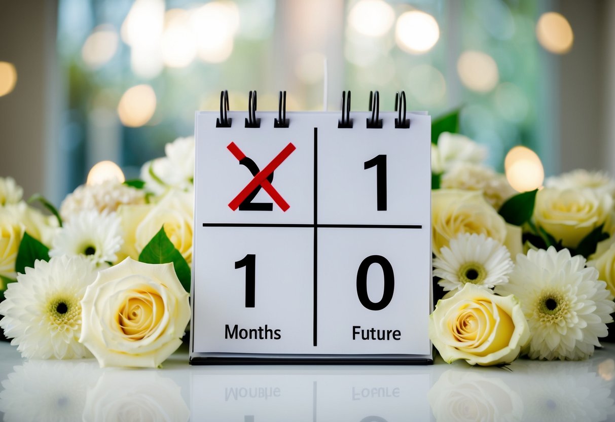 A calendar with the current date crossed out and the date 11 months in the future circled, surrounded by wedding-themed decorations