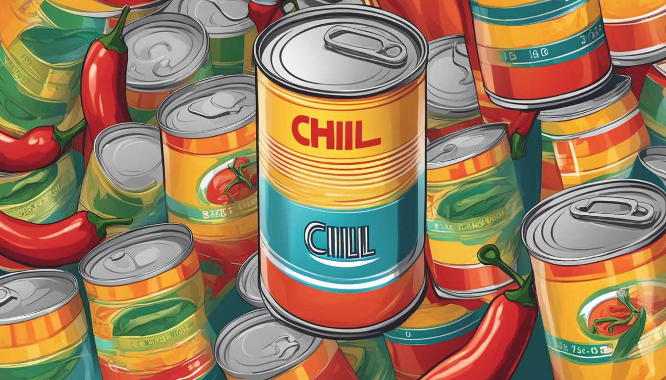 A can of chili with a faded expiration date, surrounded by question marks