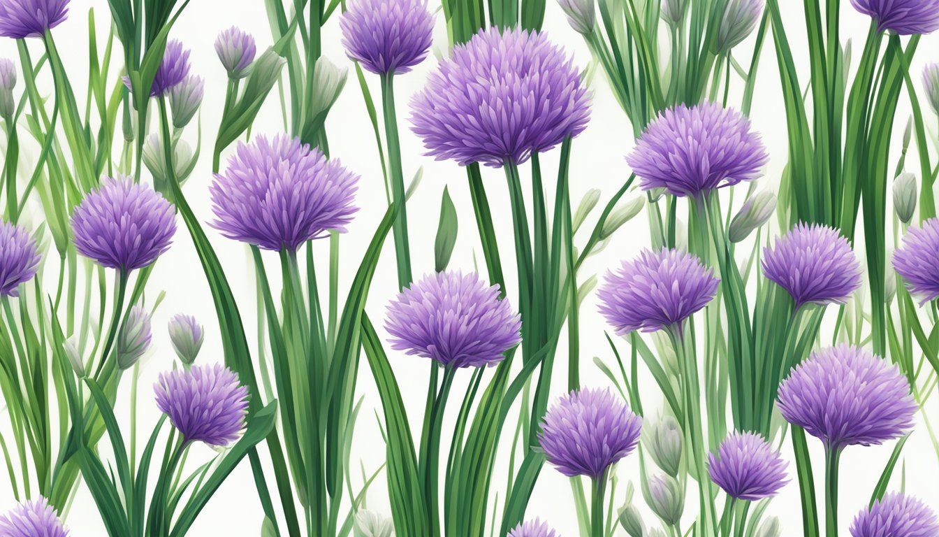 A close-up of a bunch of fresh chives with vibrant green stems and delicate purple flowers