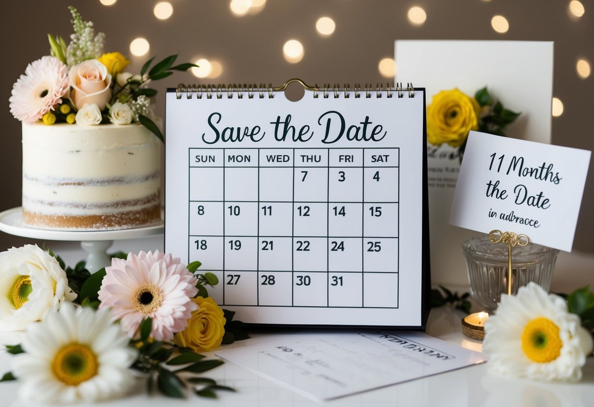 A calendar surrounded by wedding details like flowers, cake, and invitations, with a save the date card marked 11 months in advance