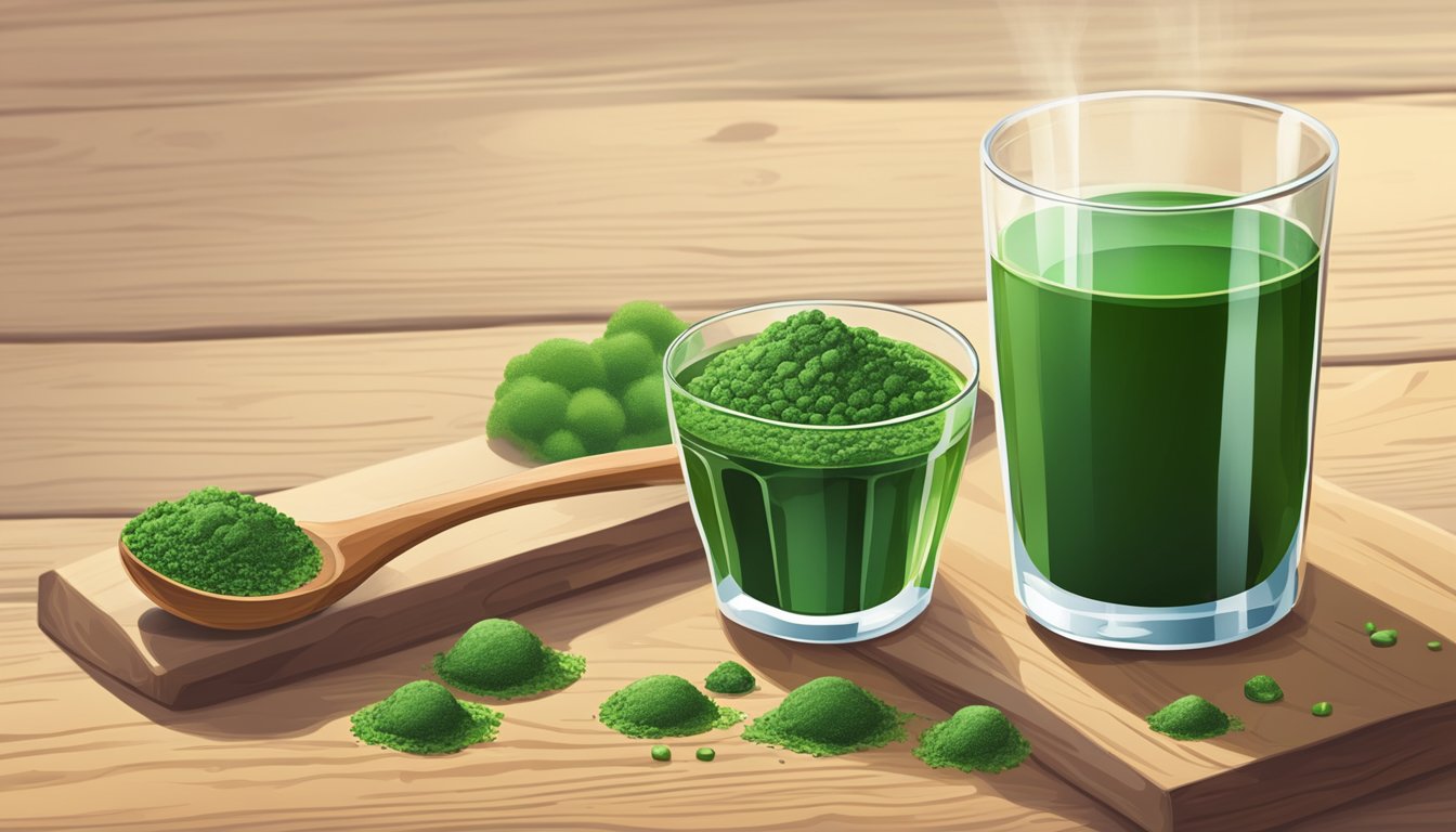 A glass of water with chlorella powder and a spoon next to it on a wooden table. A handful of fresh chlorella algae is scattered around the glass