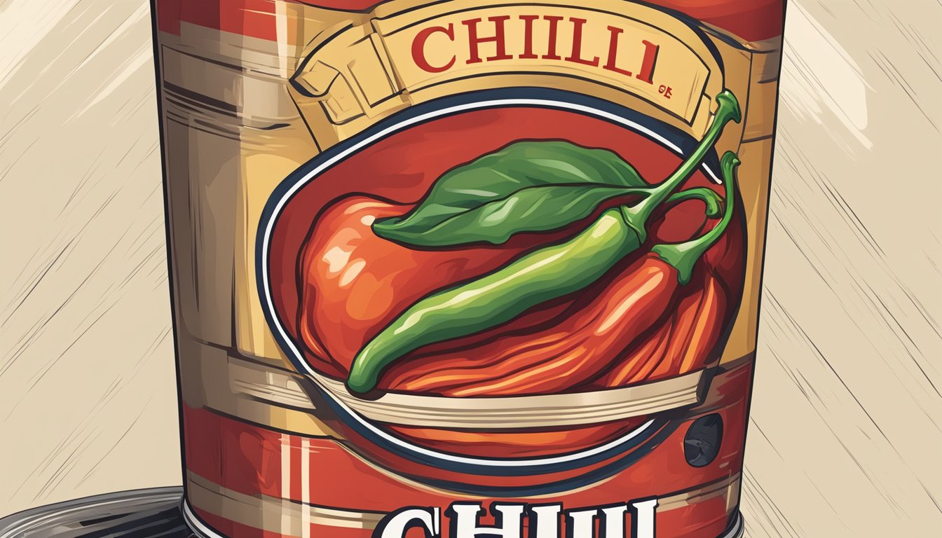 A can of chili with a bulging, dented, or leaking label