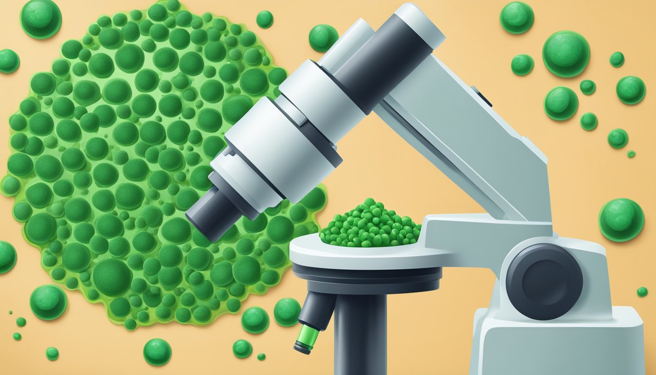 A microscope revealing chlorella cells next to a safety symbol