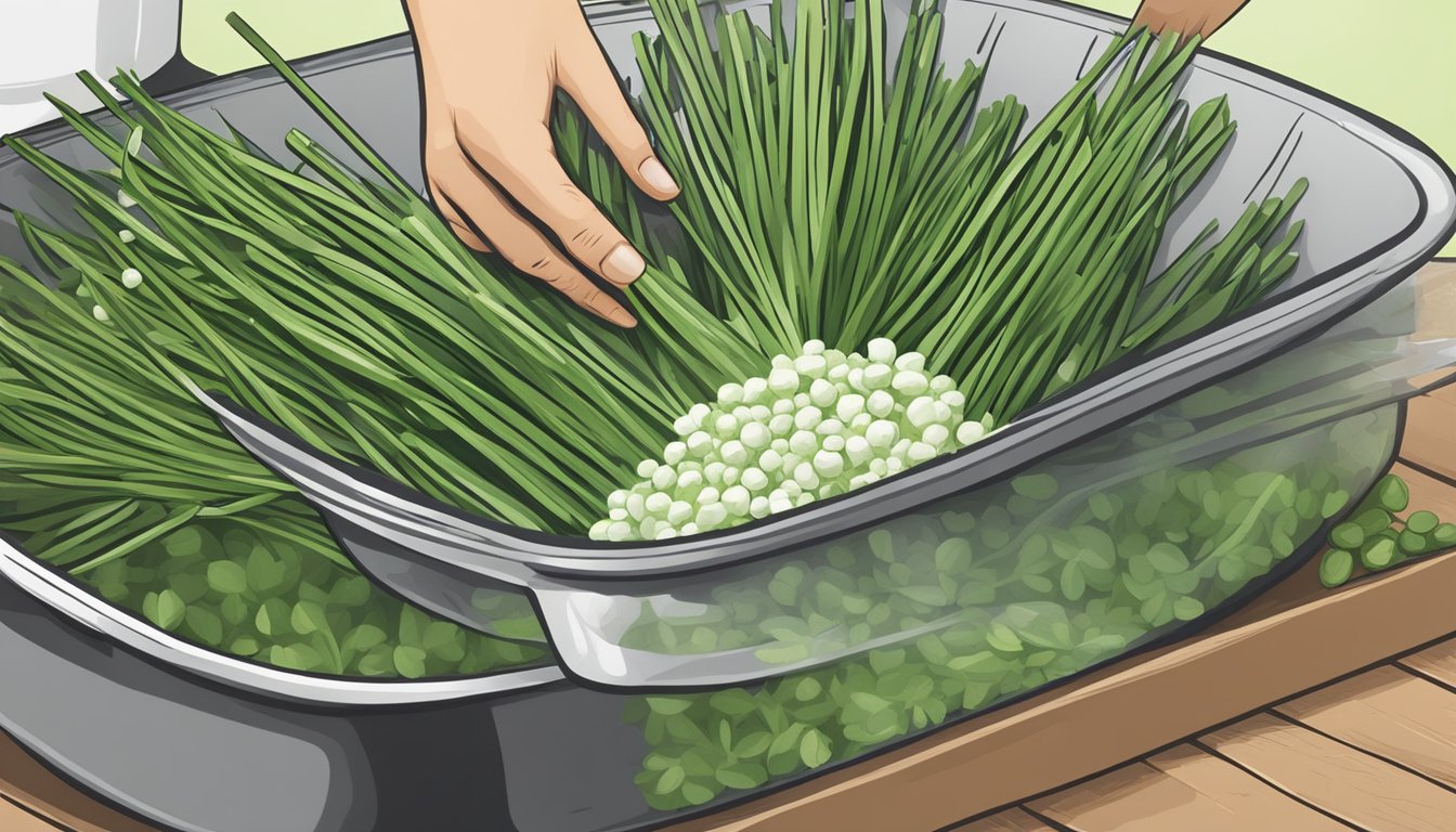 A close-up of fresh chives being washed and prepped for cooking