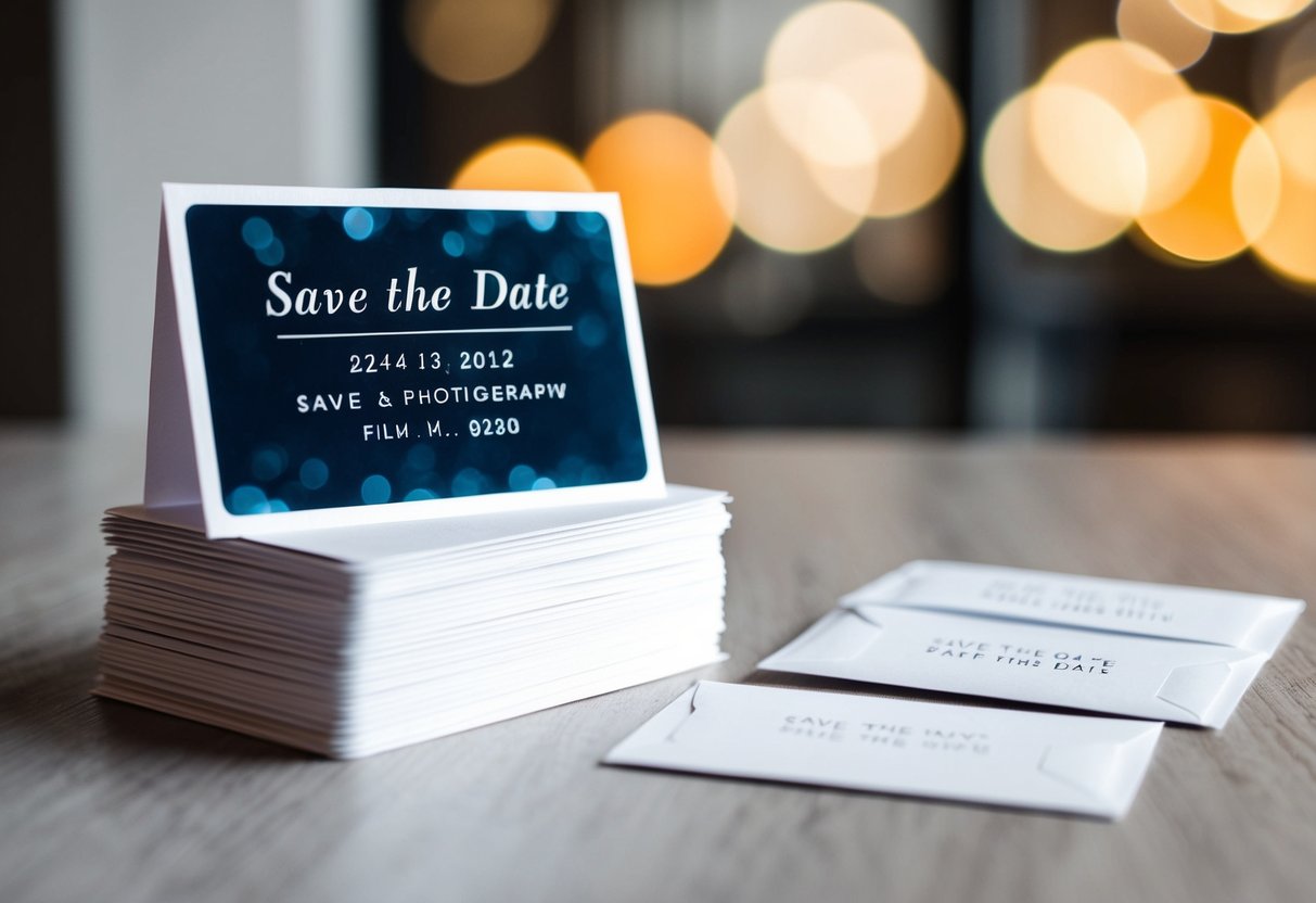 A stack of save the date cards next to a pile of addressed envelopes