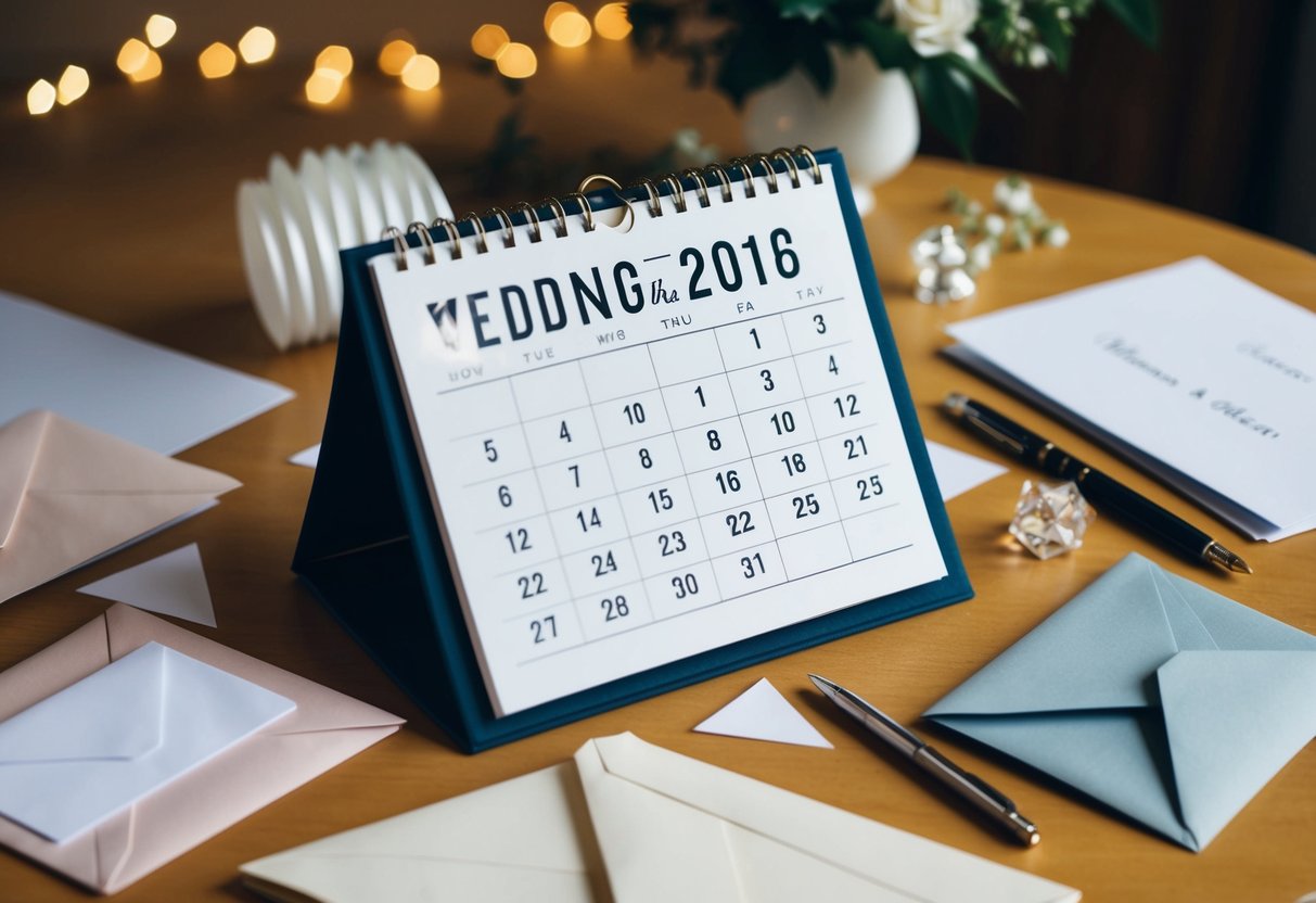 A calendar with a highlighted date for the wedding, surrounded by various stationery and envelopes