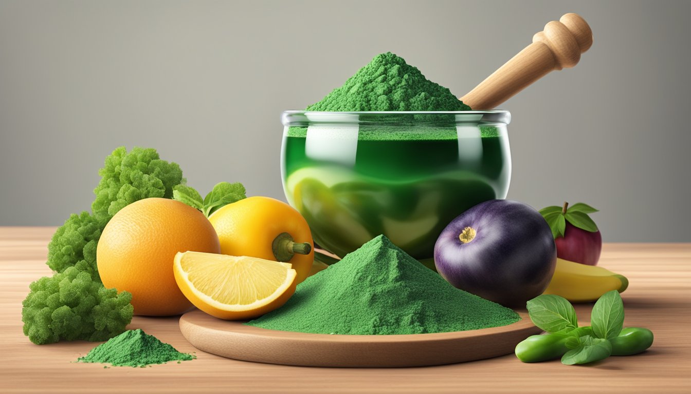 A glass bowl filled with vibrant green chlorella powder sits next to a variety of fresh fruits and vegetables on a wooden cutting board