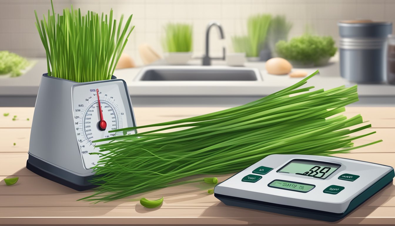 A bunch of fresh chives next to a measuring scale and a nutrition label