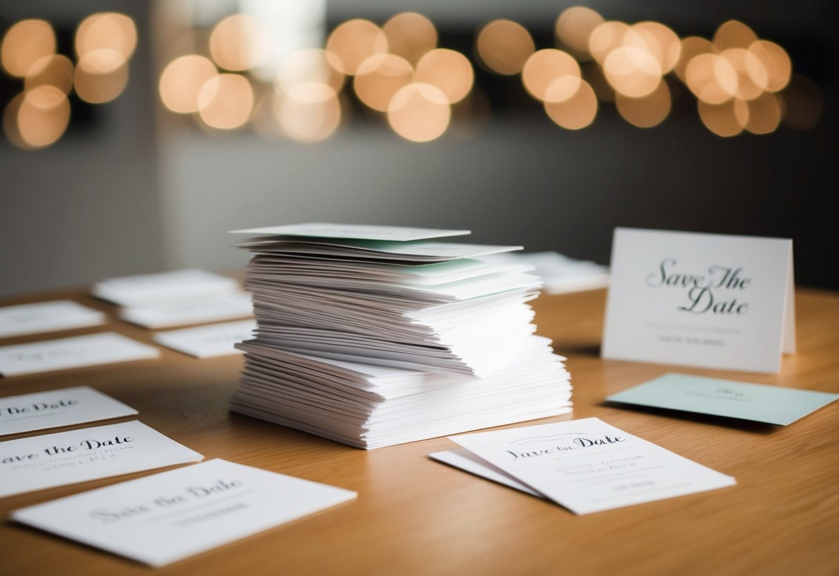 A pile of save the date cards on a table, with some being replaced by formal invitations
