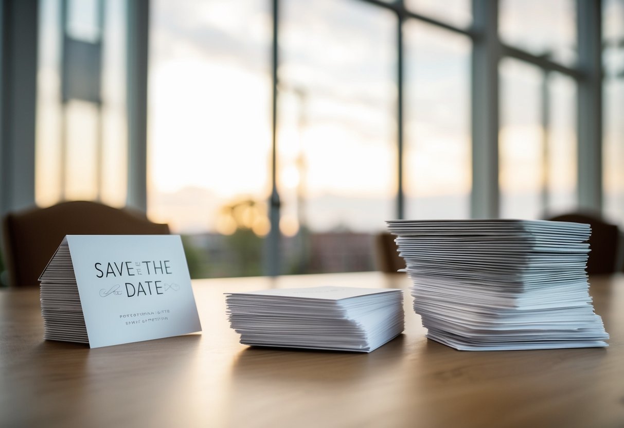 A stack of save the date cards and a pile of formal invitations on a table