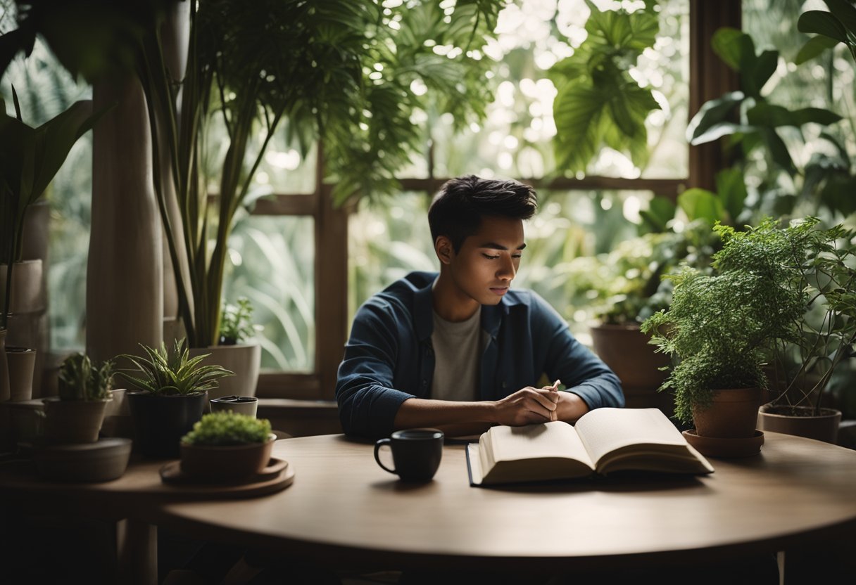 A cozy nook with a journal, pen, and soft lighting. A person sits comfortably, surrounded by plants and a calming atmosphere mental health benefits of journaling