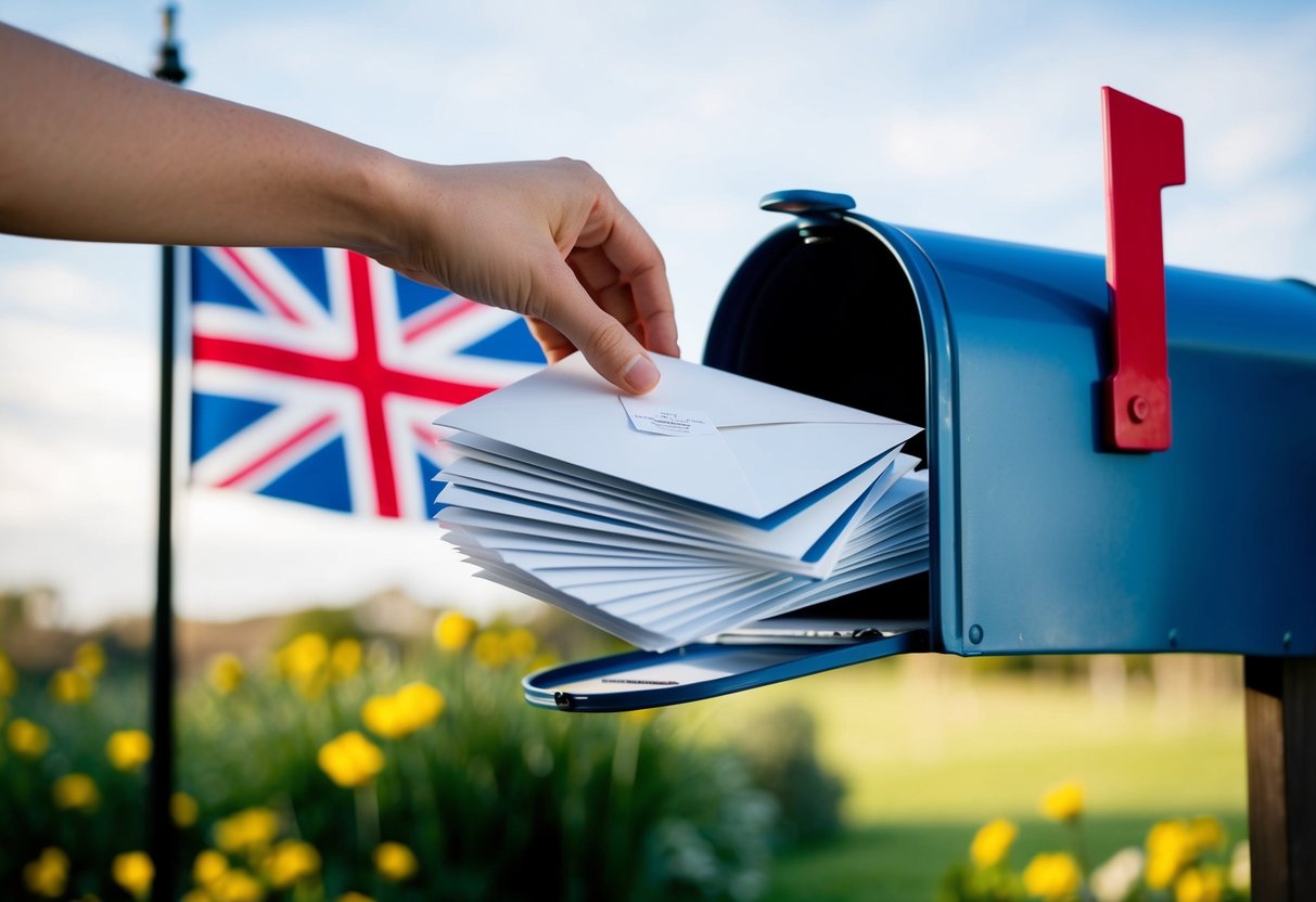 A stack of elegant wedding invitations being dropped into a mailbox, with a British flag flying in the background