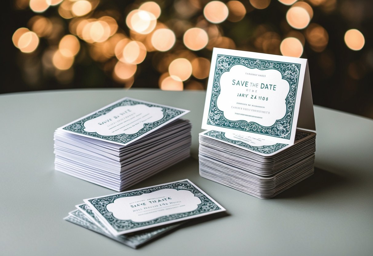 A stack of save the date cards with intricate designs and details, next to a pile of matching invitations