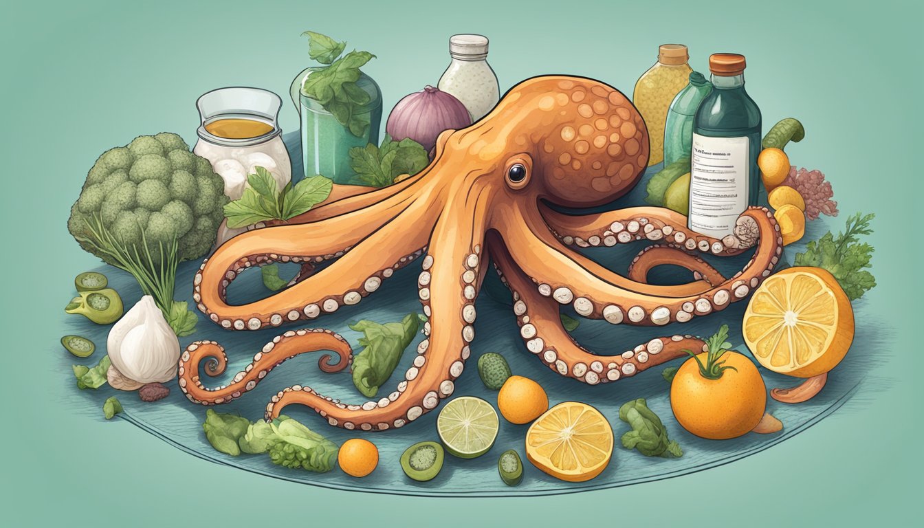 An octopus surrounded by various foods and ingredients, with a nutritional label and a question mark