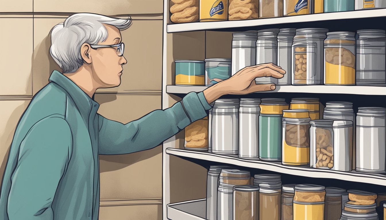 A hand reaching for an expired can of biscuits on a dusty pantry shelf, with a concerned expression on their face