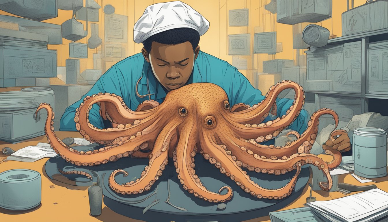 A person cautiously examines a raw octopus, surrounded by warning signs and symbols of caution