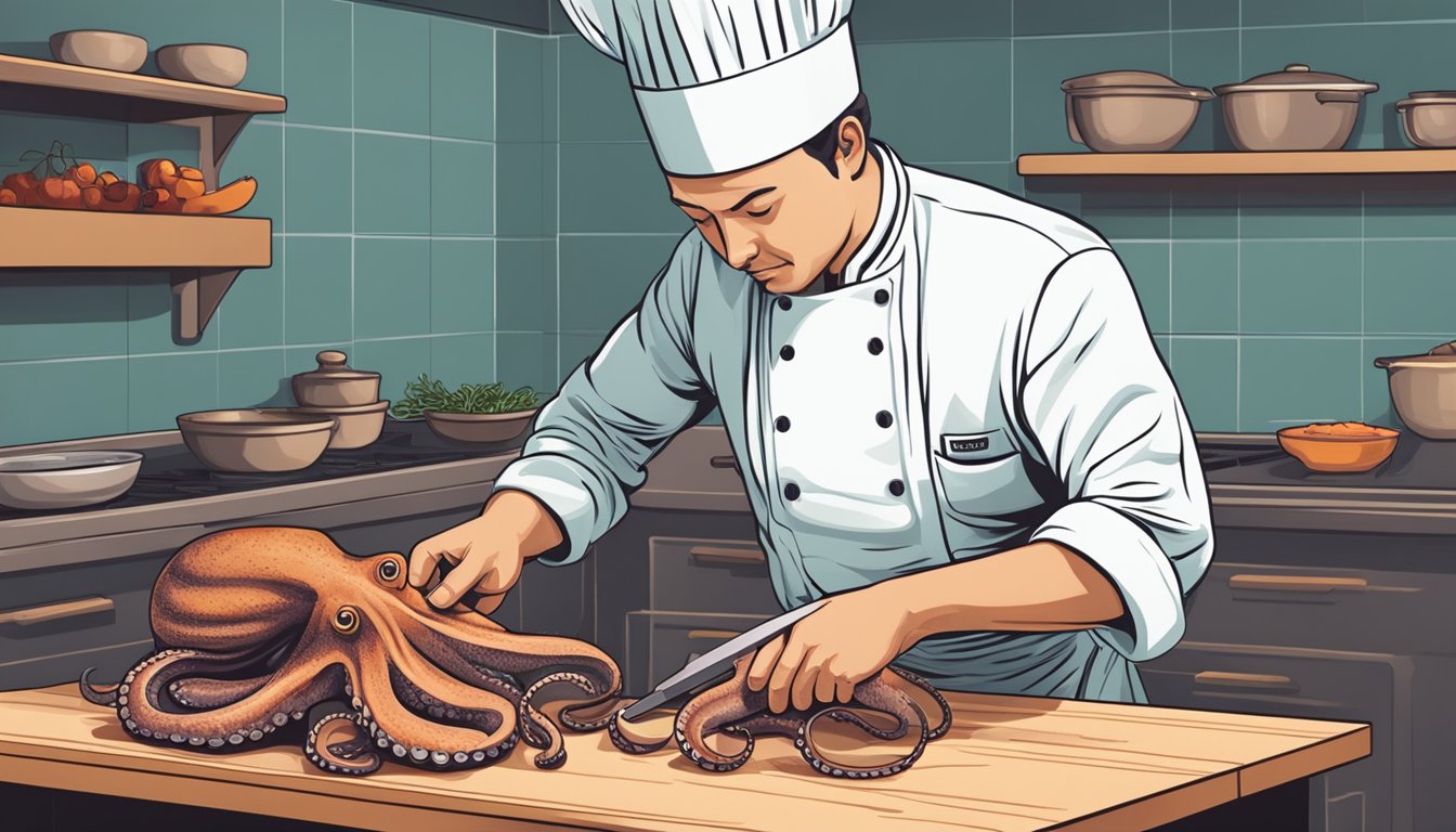 A chef carefully slicing a fresh octopus on a clean cutting board