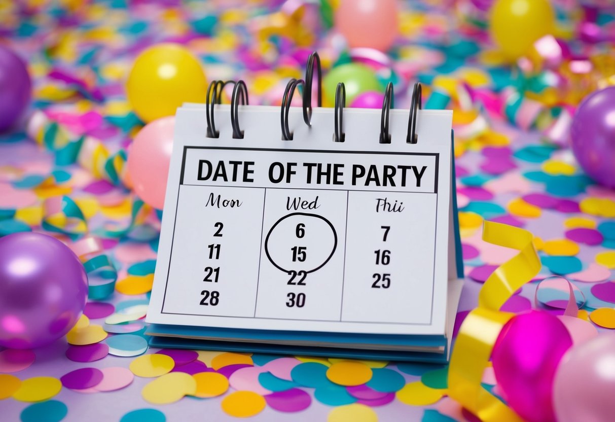 A calendar with the date of the party circled and surrounded by confetti and streamers