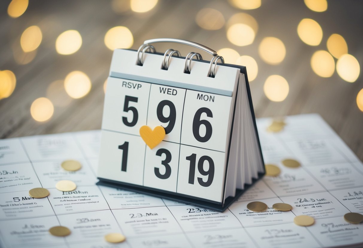 A calendar with the wedding date marked 3 months in advance, surrounded by RSVP requests and reminders
