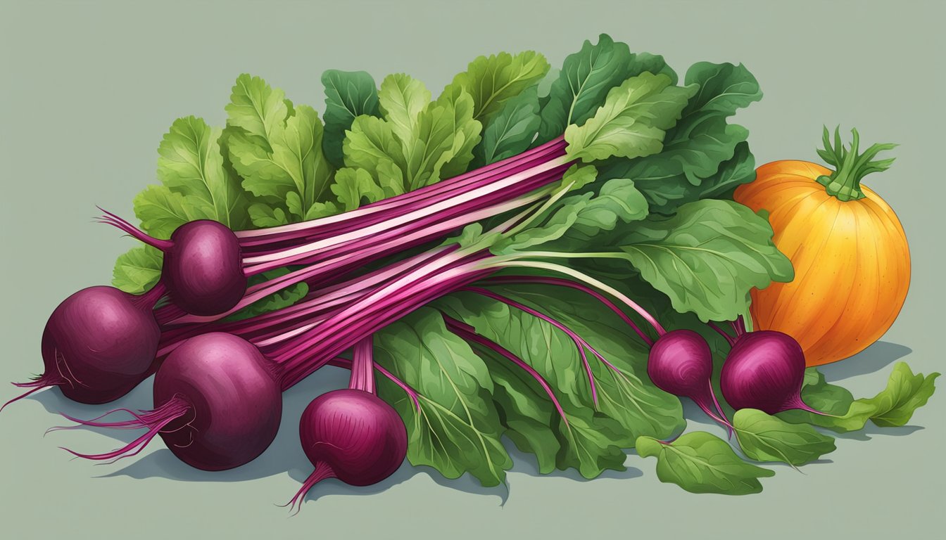 A vibrant bunch of beet greens with fresh, unripe beet leaves and stems, surrounded by a variety of colorful vegetables and fruits