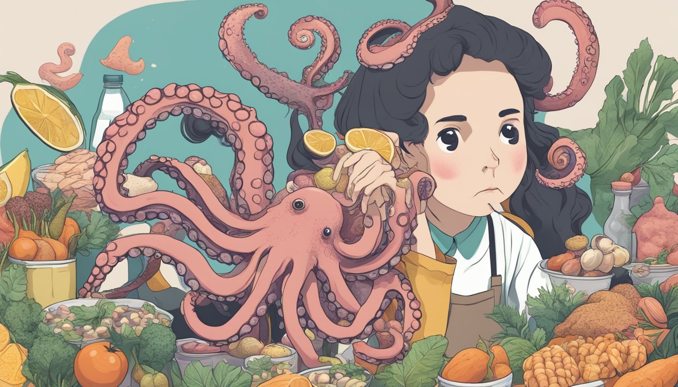 A person holding a raw octopus with a concerned expression, surrounded by question marks and various foods