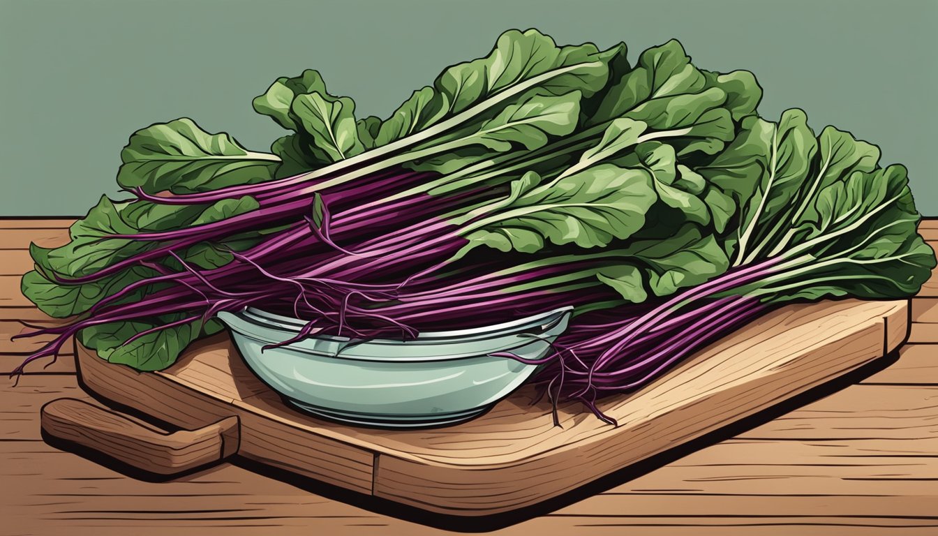 A vibrant bunch of beet greens, with lush leaves and crisp stems, sitting on a wooden cutting board next to a knife and a bowl of fresh water