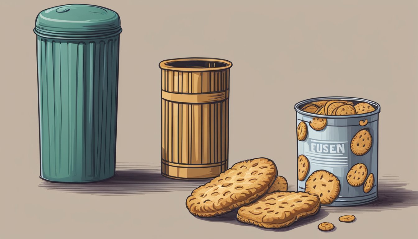 An open can of expired biscuits next to a trash can. A concerned person looks at the expiration date